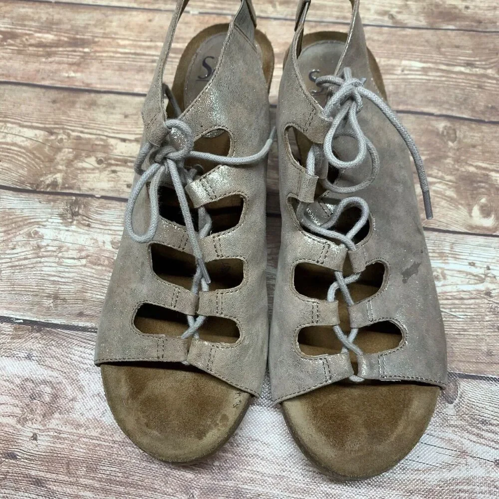 Sofft Women's Maize Sandals Tan Metallic Lace Up Open Toe Wedge Heels Leather 11